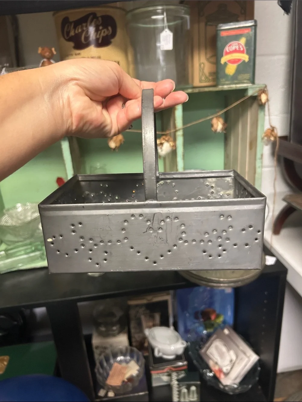 Vintage Gray Metal Perforated Heart Decorative Basket with Handle
